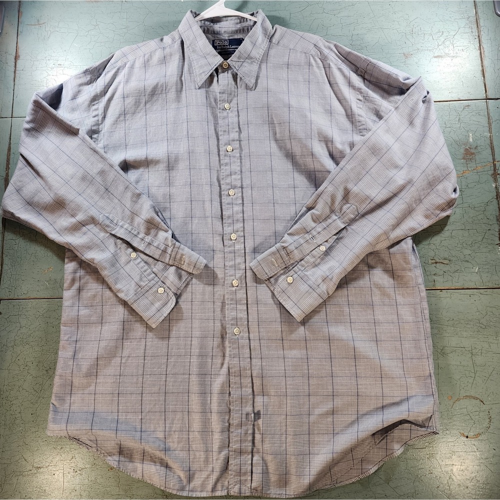 VTG Polo Ralph‎ Lauren Button Down Shirt Mens 17.5 Blue Check Long Sleeve Cotton